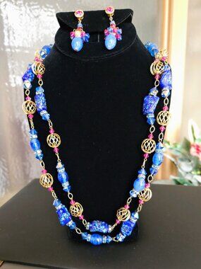 Vintage Double Strand Blue and Fuchsia Beaded Necklace and Earring Set